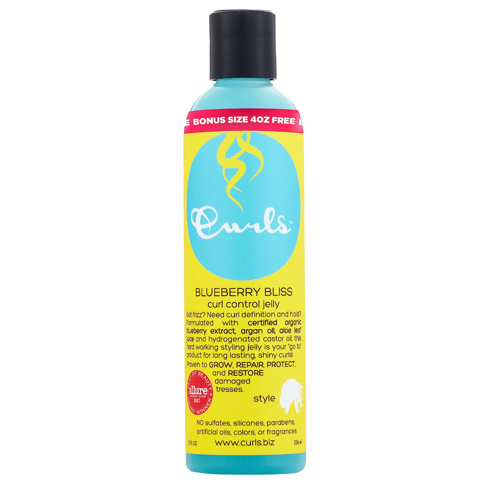 Curls Blueberry Bliss front packaging shows 12 oz jar and product benefit