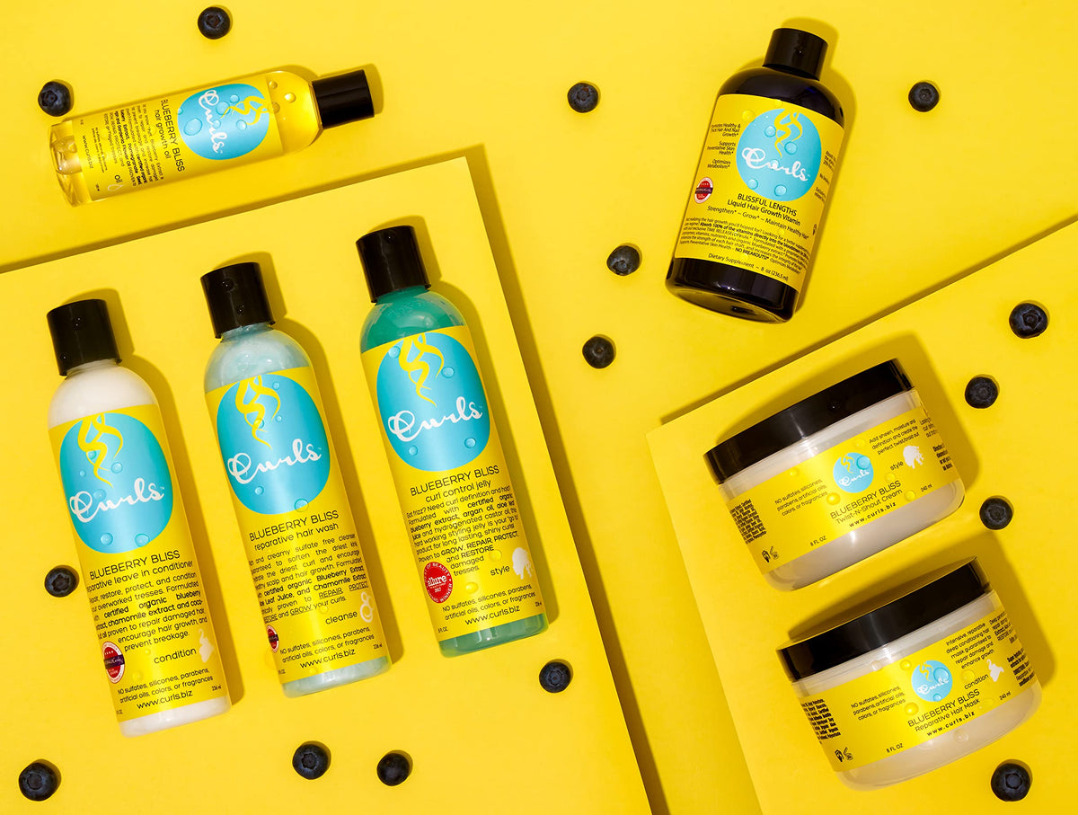Curls Blueberry Bliss on bathroom shelf in routine setting for daily use