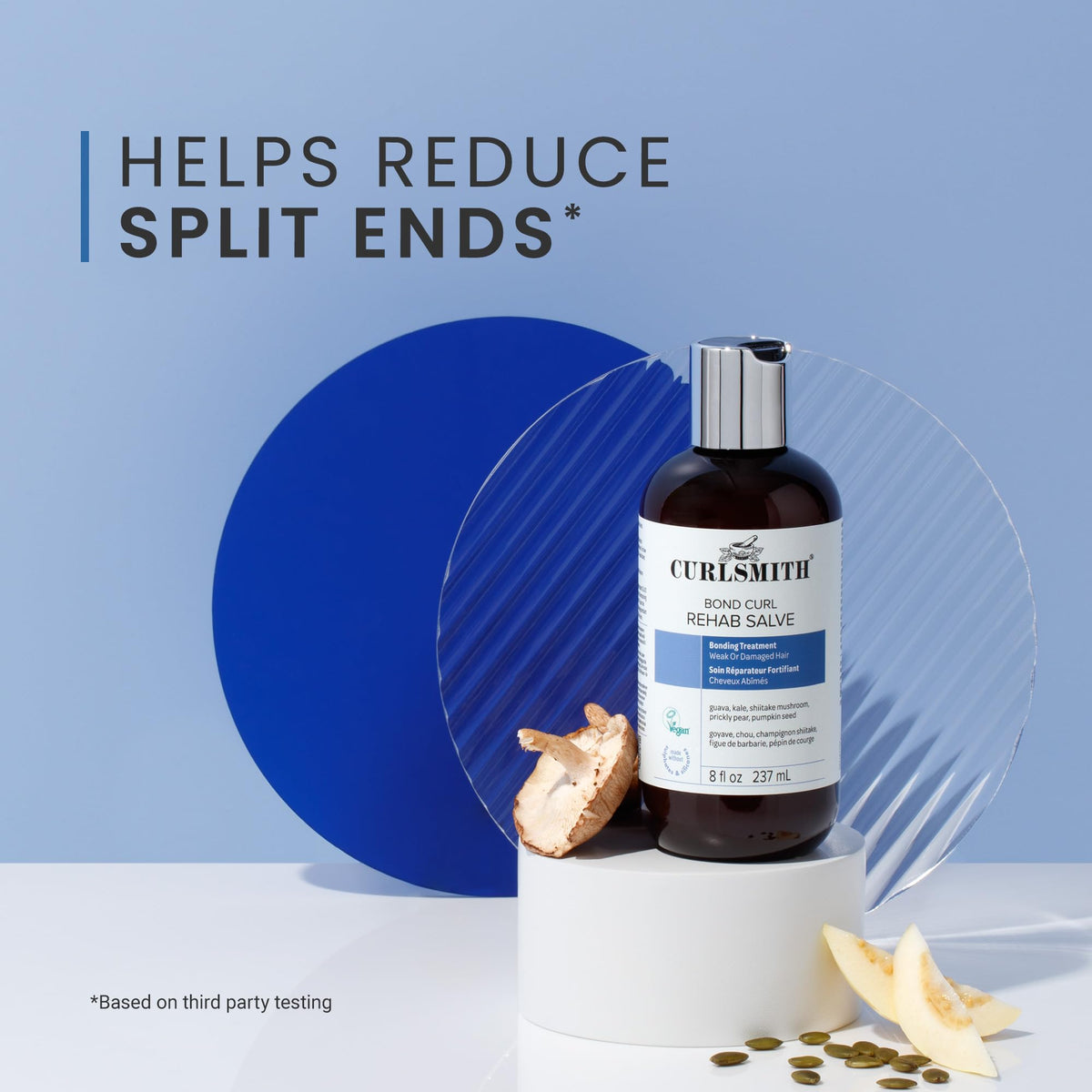 CURLSMITH label close-up showing vegan, cruelty-free benefits