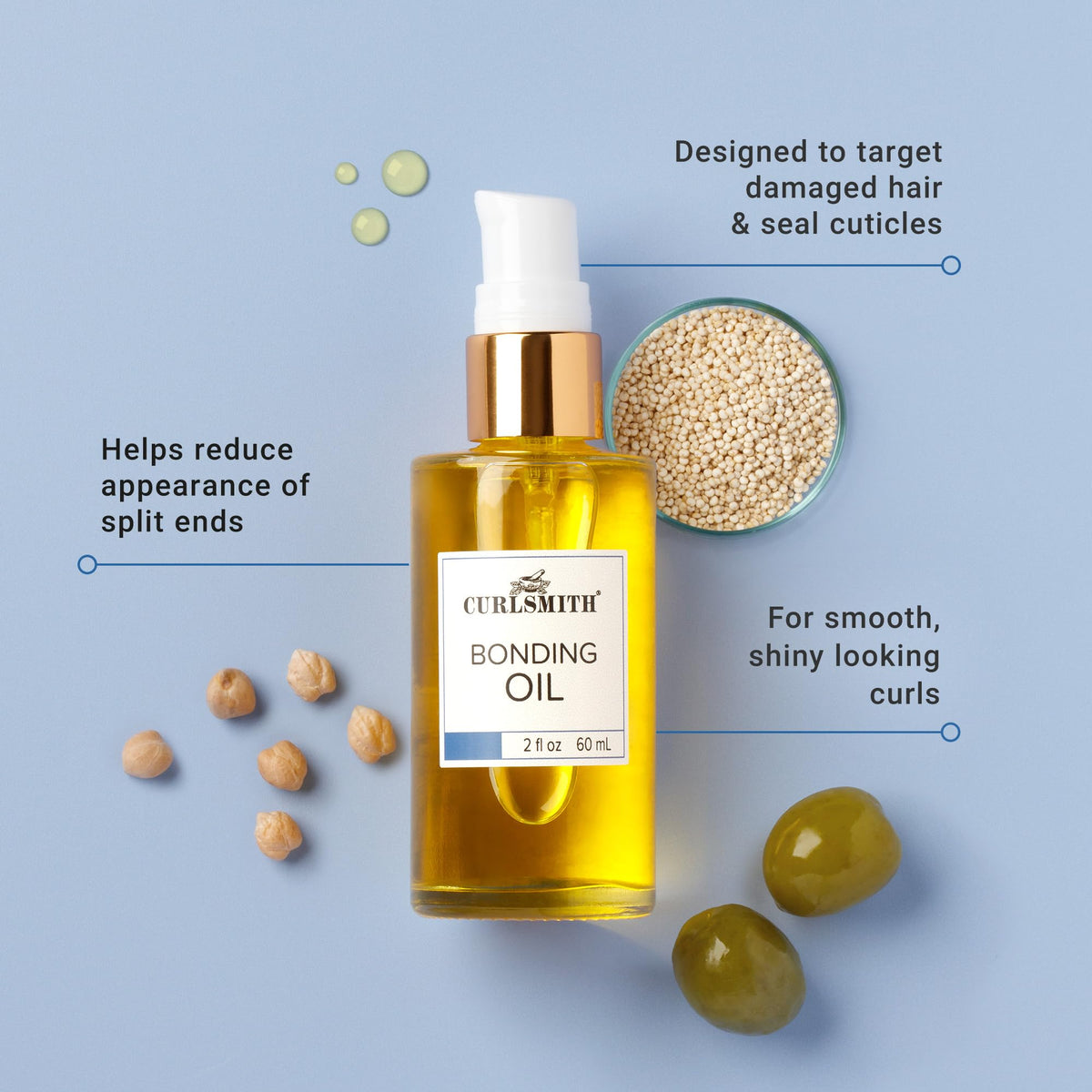 CURLSMITH Bonding Oil droplet on fingertip highlighting lightweight texture