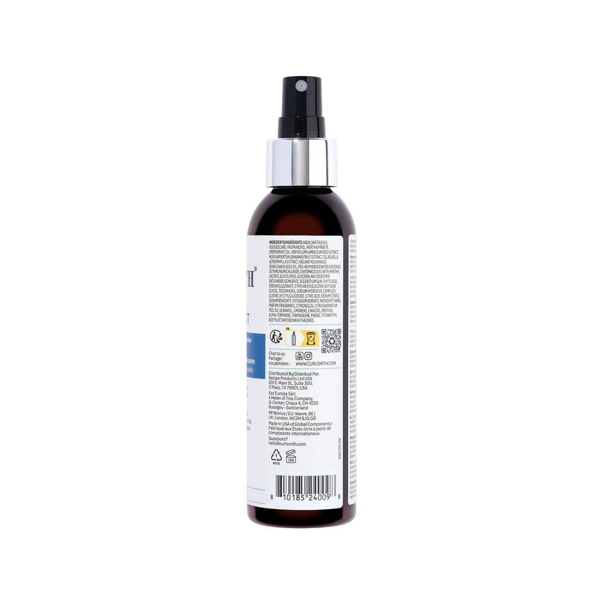 CURLSMITH bottle beside gym bag showing on-the-go hair refresh
