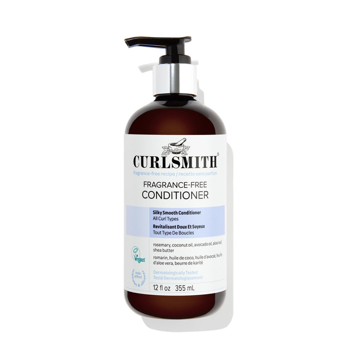 CURLSMITH front packaging of fragrance-free conditioner showing bottle benefit