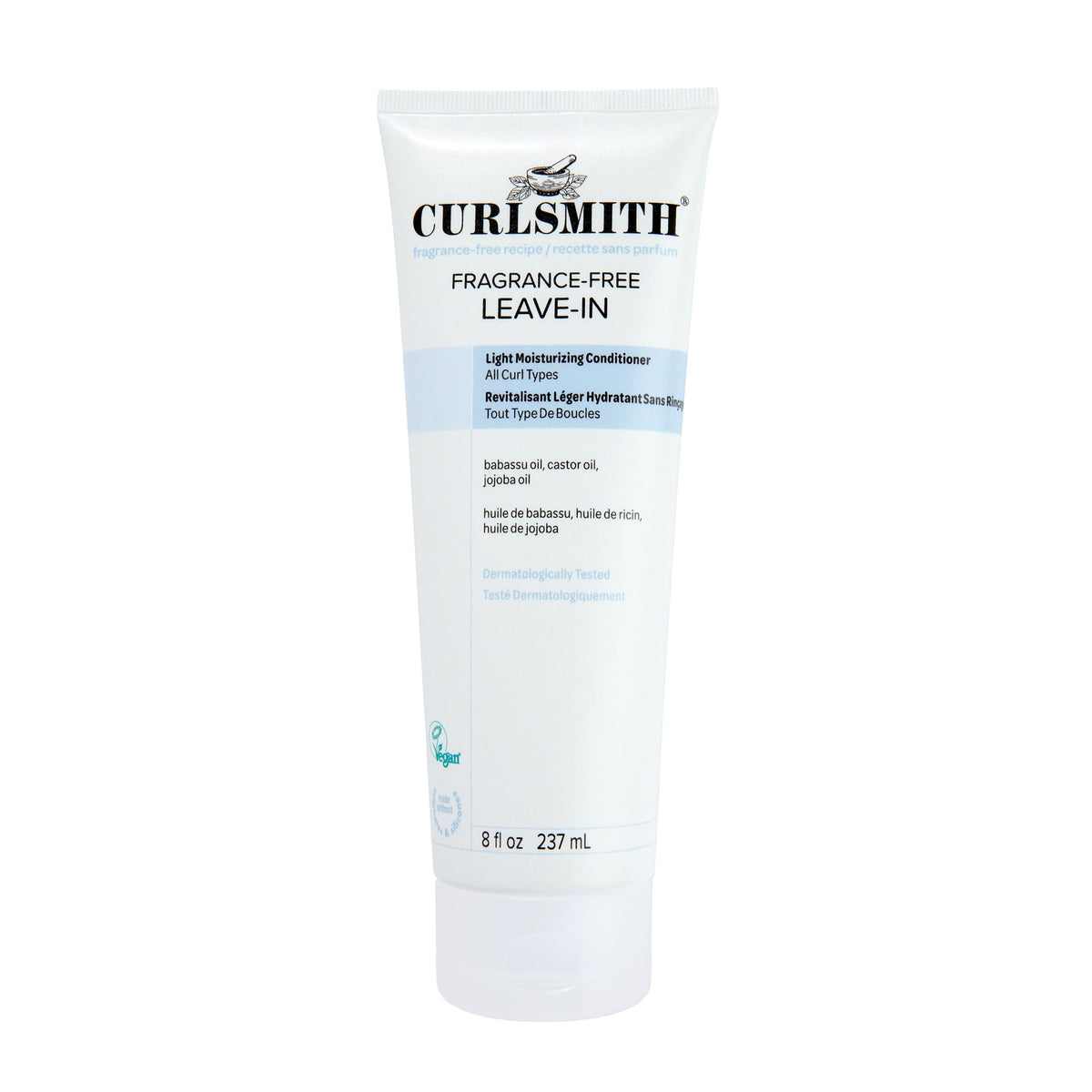 CURLSMITH front packaging showing fragrance-free leave-in bottle and label benefit
