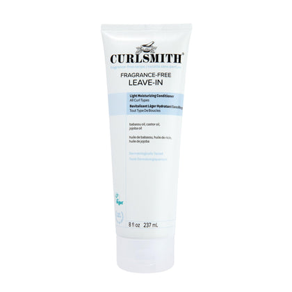 CURLSMITH front packaging showing fragrance-free leave-in bottle and label benefit