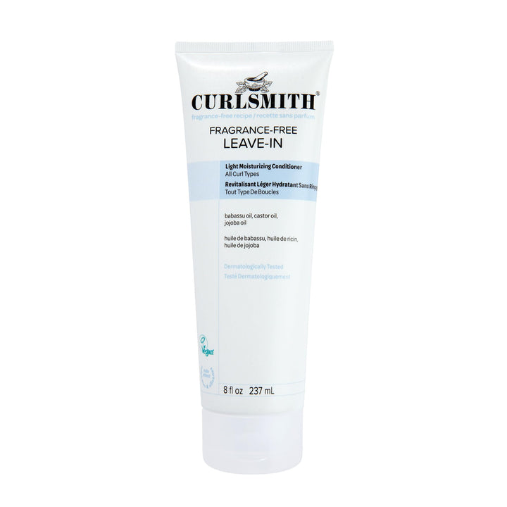 CURLSMITH front packaging showing fragrance-free leave-in bottle and label benefit