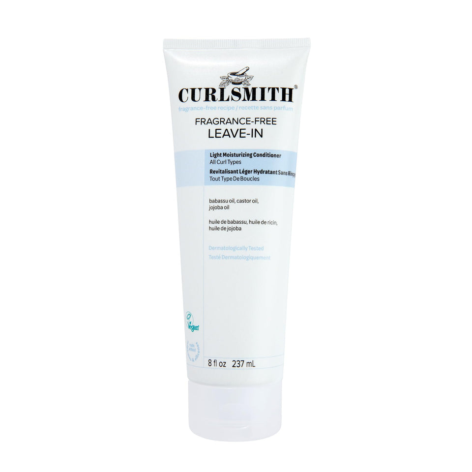 CURLSMITH front packaging showing fragrance-free leave-in bottle and label benefit