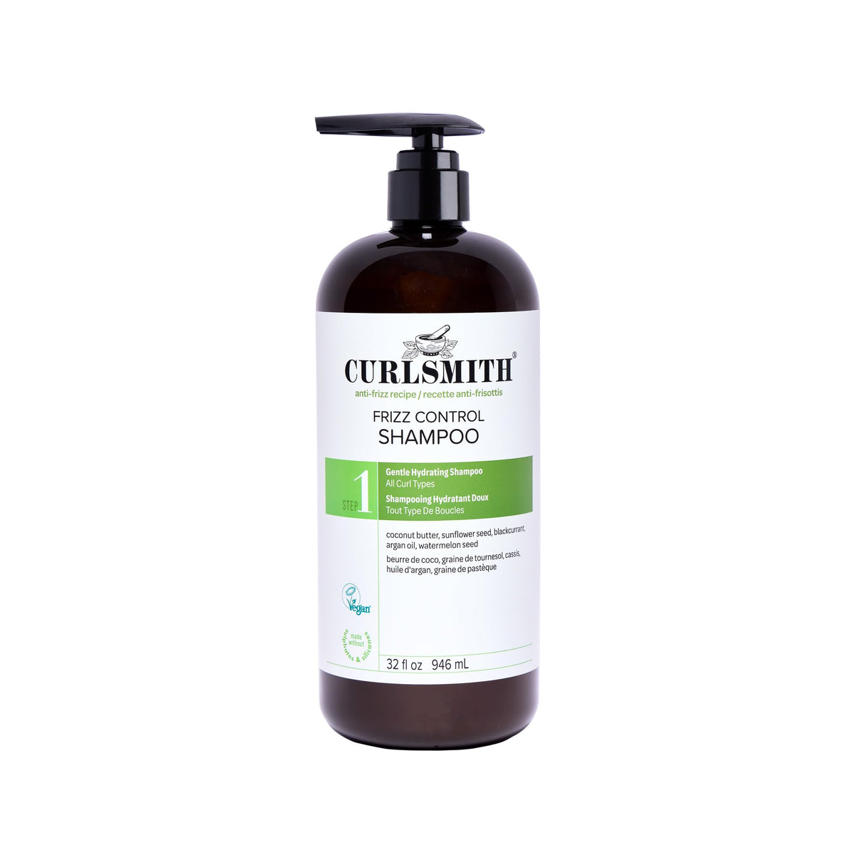 CURLSMITH front packaging of frizz control shampoo showing label and 32 oz size benefit