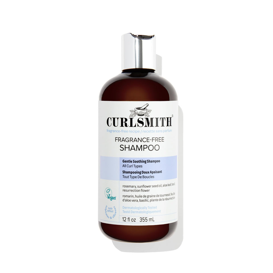 CURLSMITH front bottle showing fragrance-free shampoo for gentle curl care