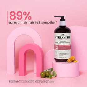 CURLSMITH bottle on bathroom shelf in lifestyle setting for daily use