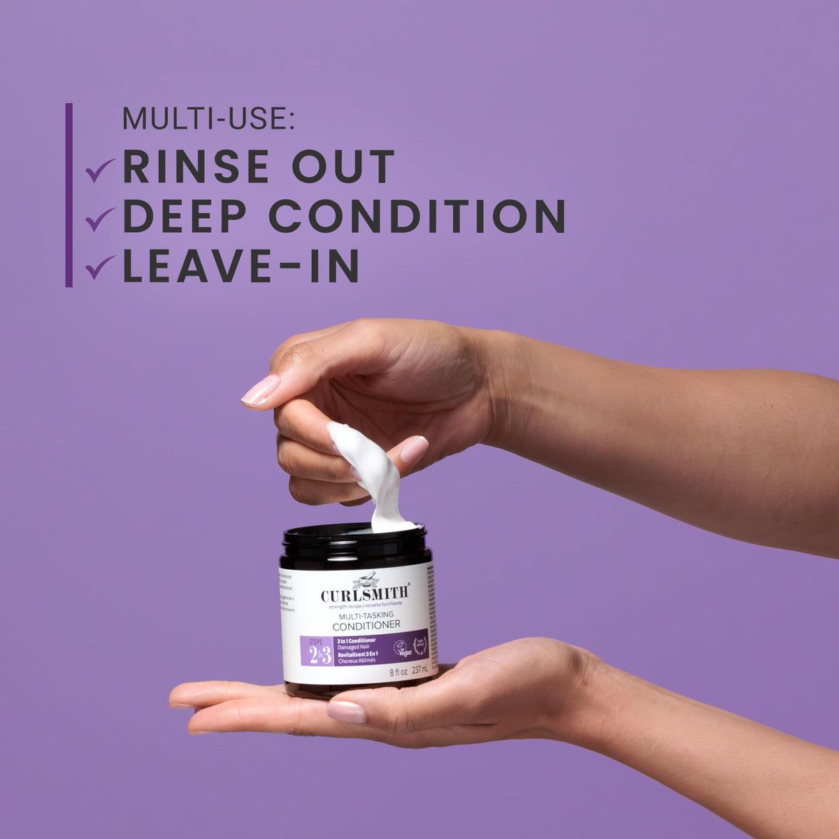 CURLSMITH being raked through curly hair to show detangling and hydration benefits