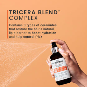 CURLSMITH close-up ingredient label highlighting TriCera Blend and clean formula