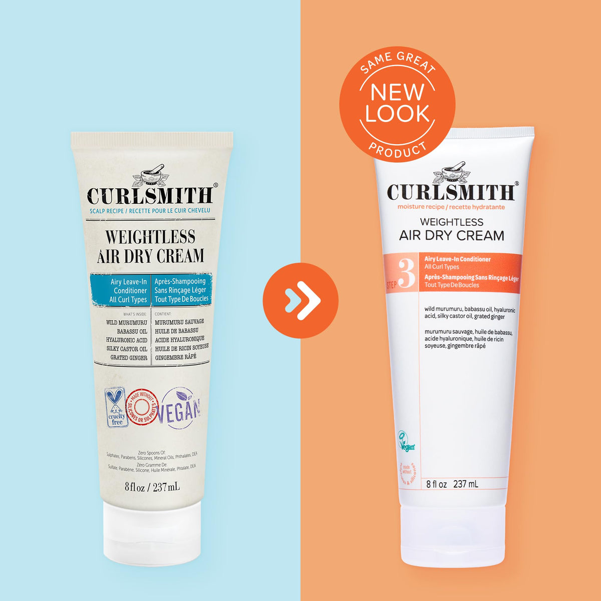 CURLSMITH product label with ingredients and vegan, cruelty-free certifications