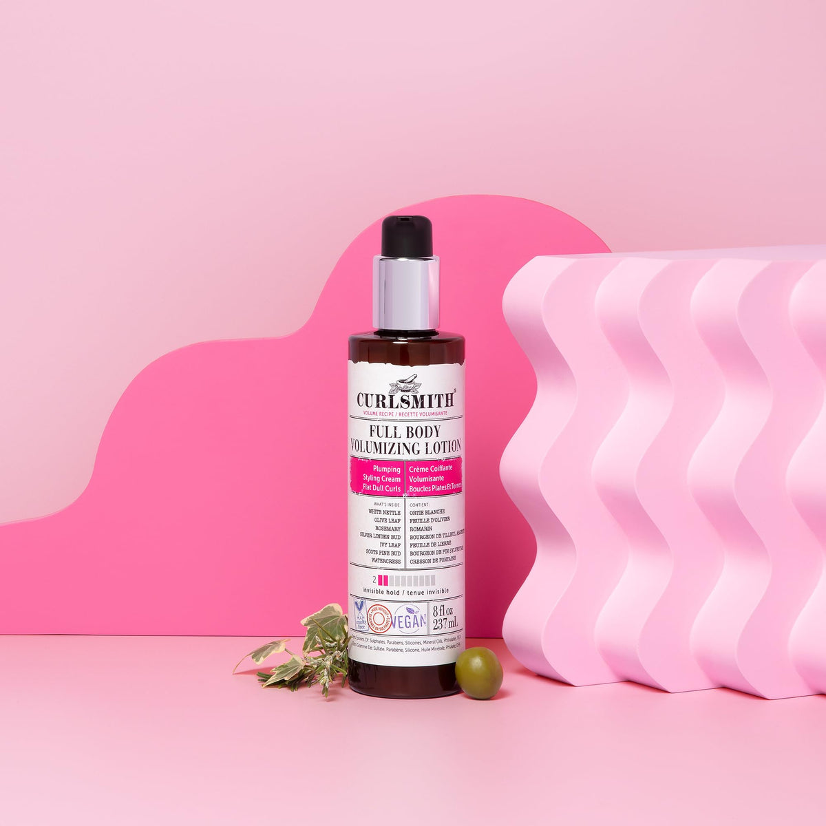 CURLSMITH label close-up highlighting plant-based stem cell complex benefits