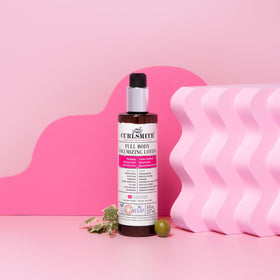 CURLSMITH label close-up highlighting plant-based stem cell complex benefits