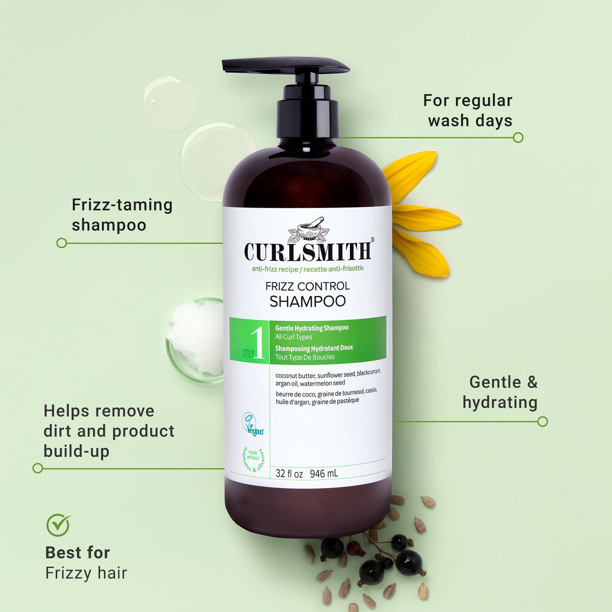 CURLSMITH pump top and full 32 oz bottle illustrating easy dispensing and value