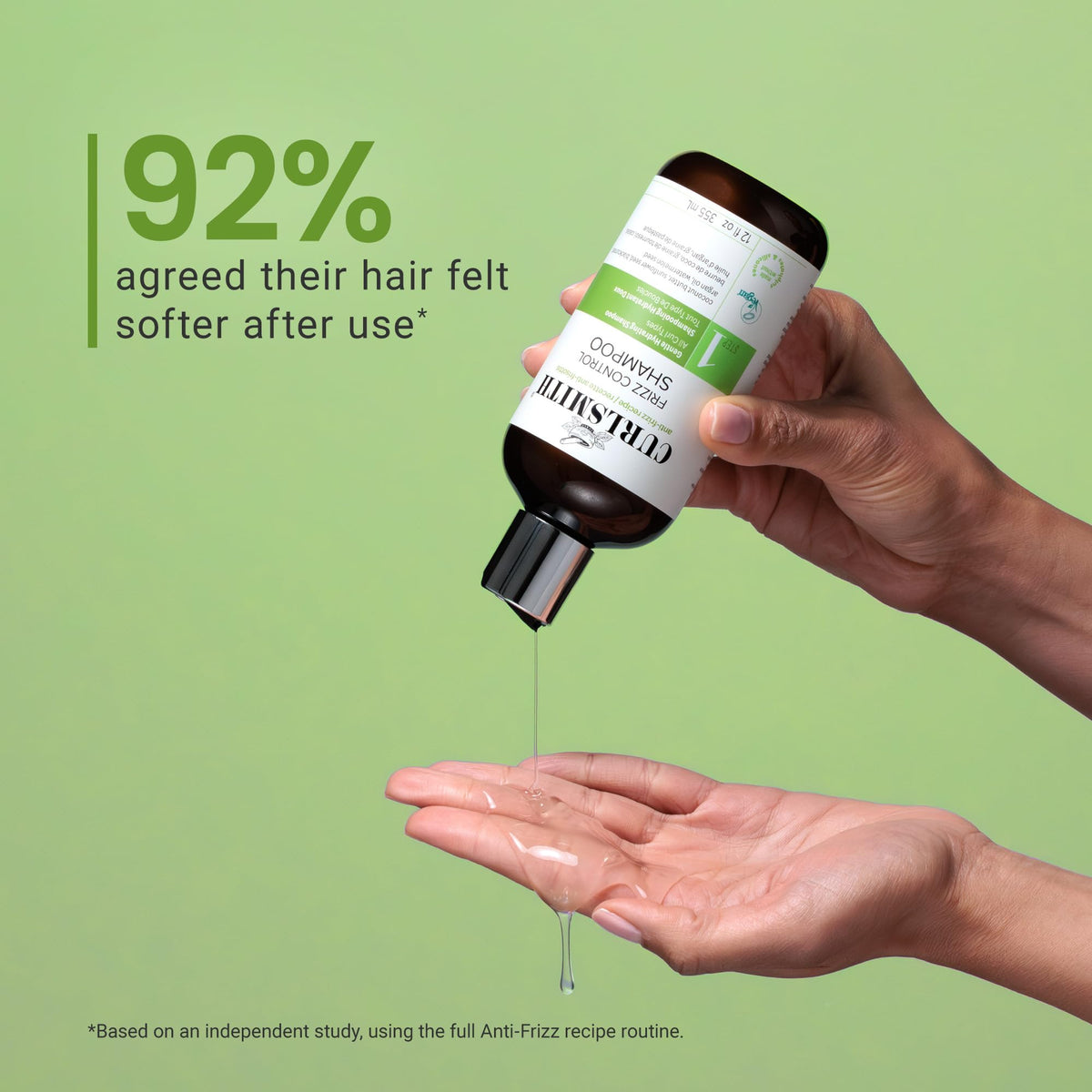 CURLSMITH bottle next to common household items showing 32 oz scale and long-lasting value