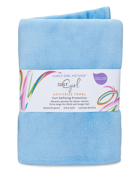Curly Girl front view towel showing packaging and benefit of reduced frizz