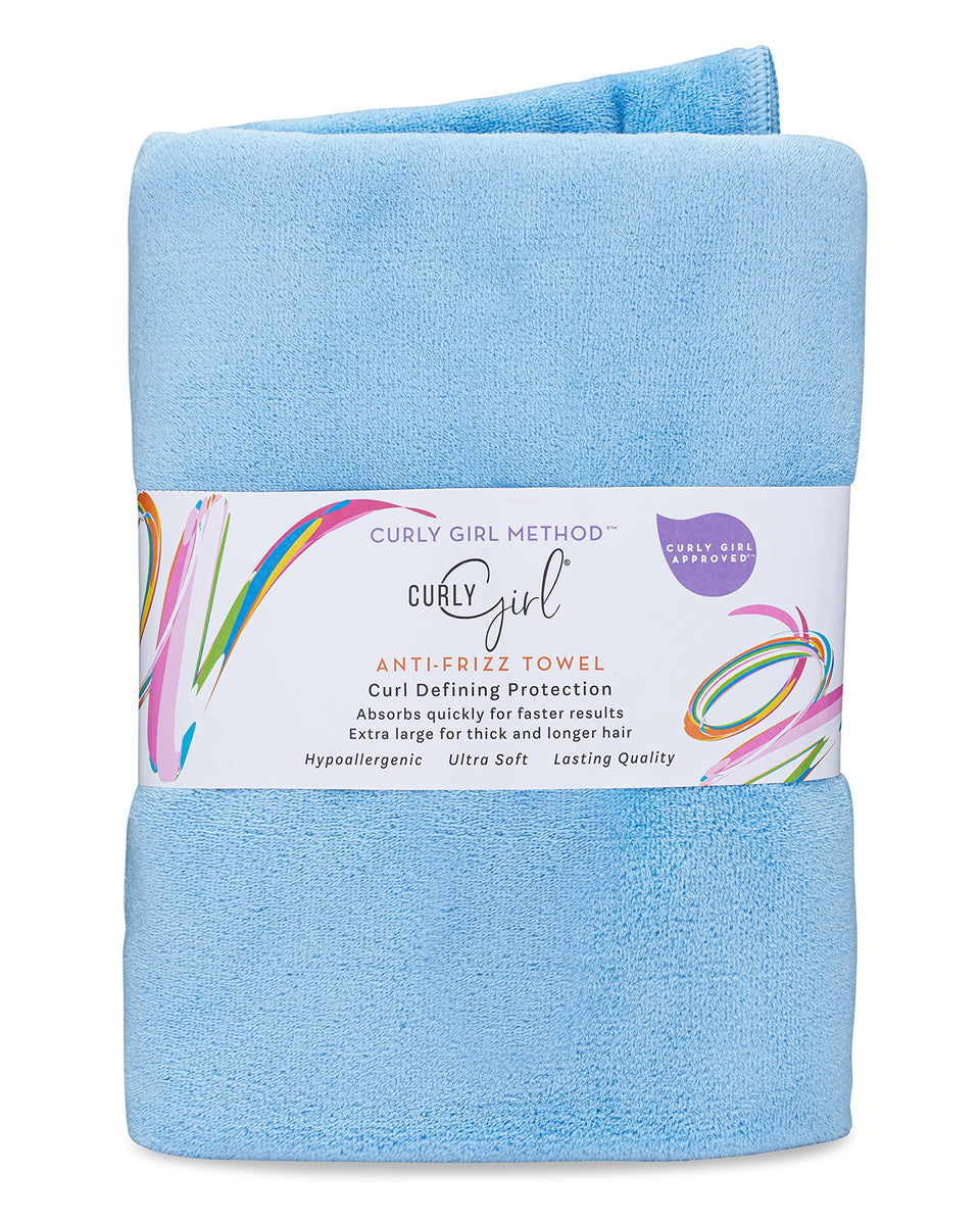 Curly Girl front view towel showing packaging and benefit of reduced frizz