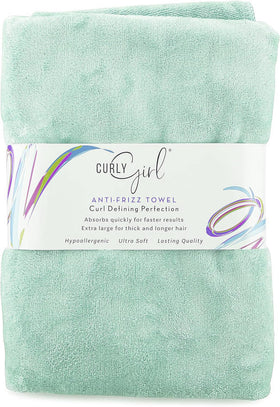 Curly Girl front view of towel showing size and shape, fast drying benefit