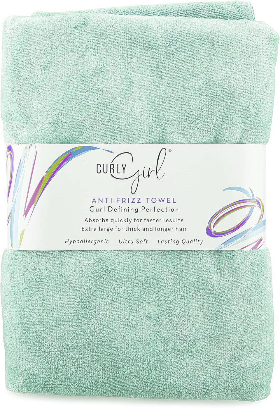 Curly Girl front view of towel showing size and shape, fast drying benefit