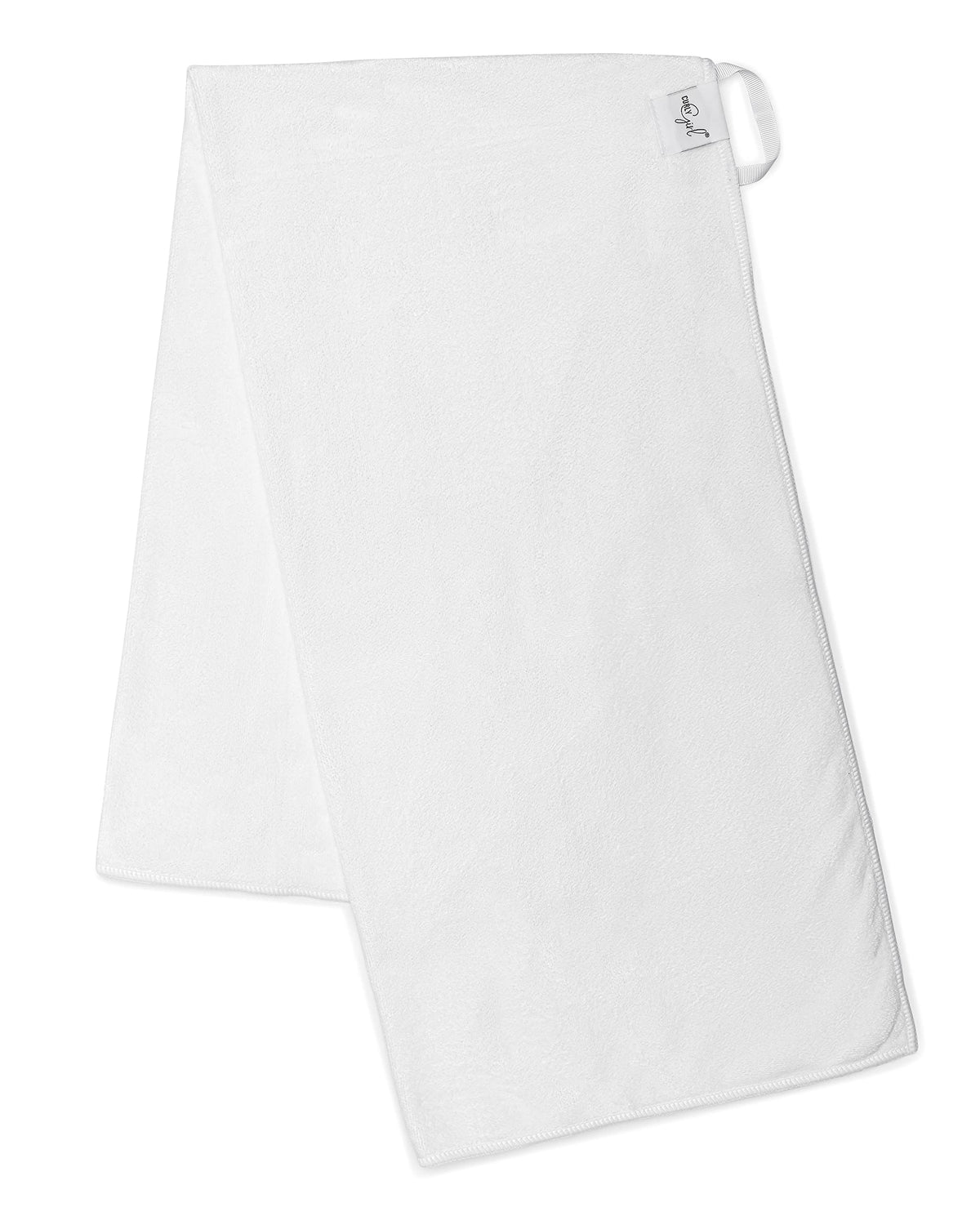 Curly Girl towel wrapped on user in bathroom demonstrating faster drying benefit
