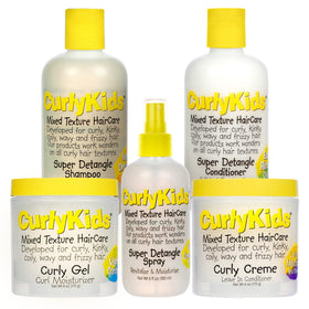 CurlyKids bundle front packaging showing full detangle kit and benefits