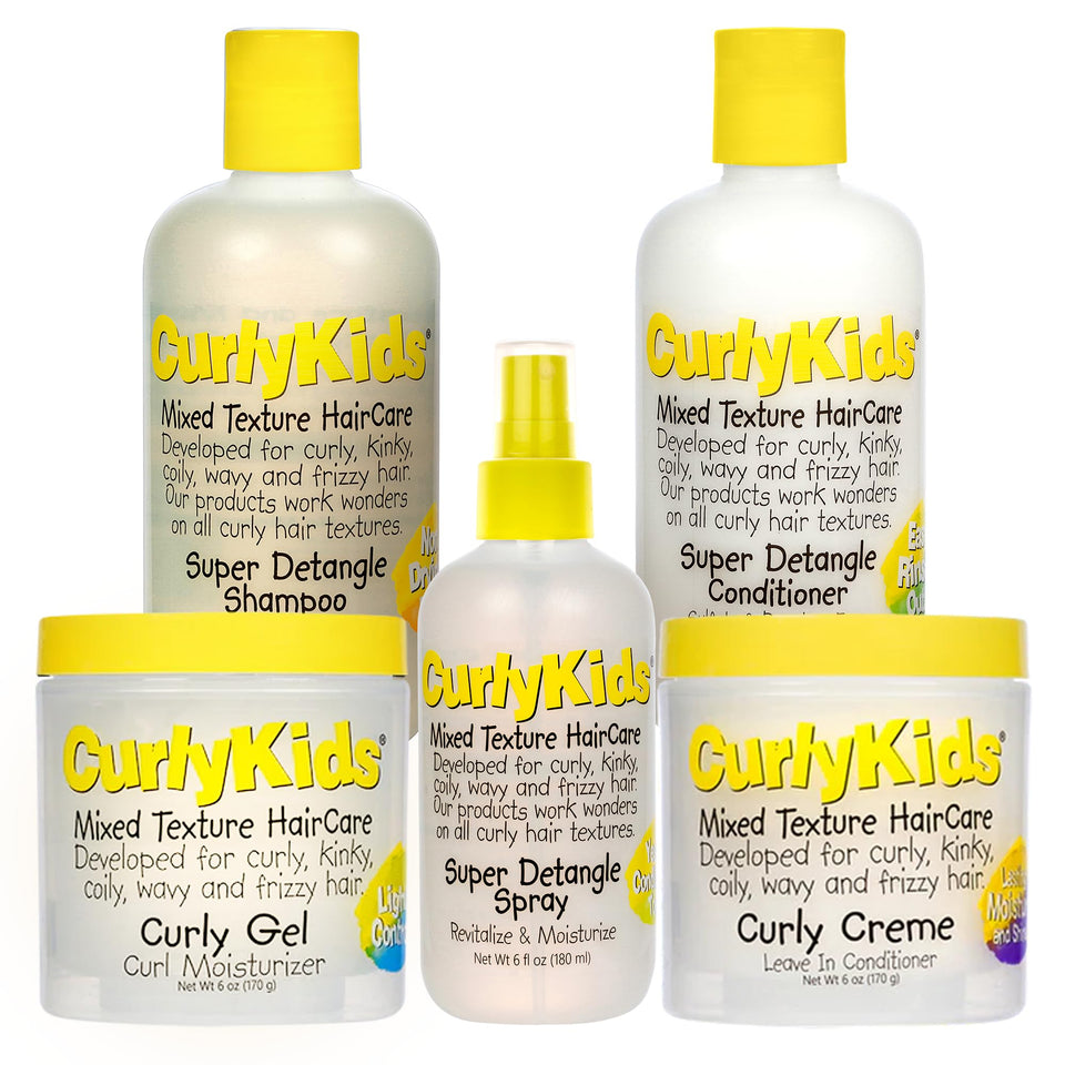 CurlyKids bundle front packaging showing full detangle kit and benefits