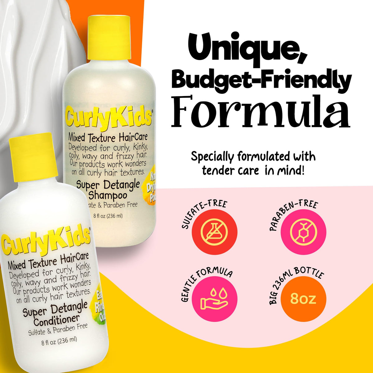 CurlyKids conditioner creamy texture demonstrating detangling slip