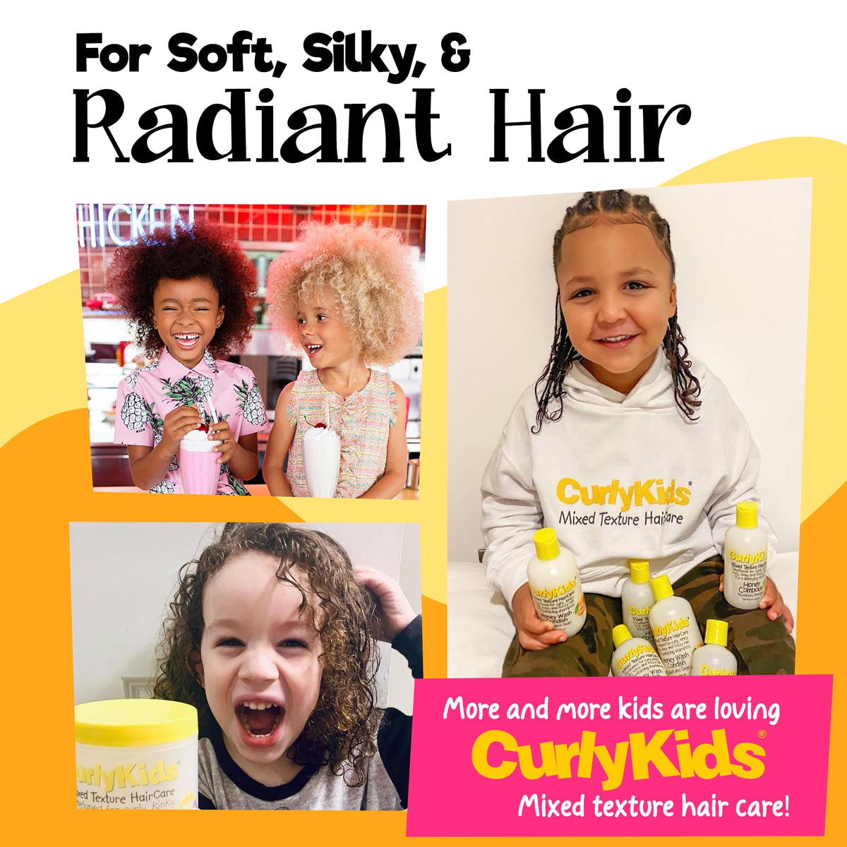 CurlyKids gel applied in ponytail showing light hold and shine