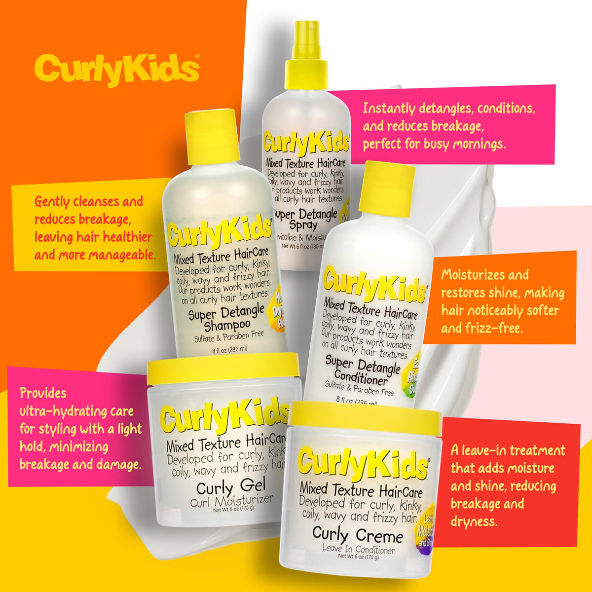 CurlyKids shampoo pouring texture highlighting gentle cleansing