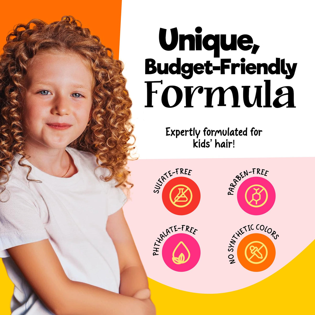 CurlyKids shampoo pump detail highlighting gentle, sulfate-free formula