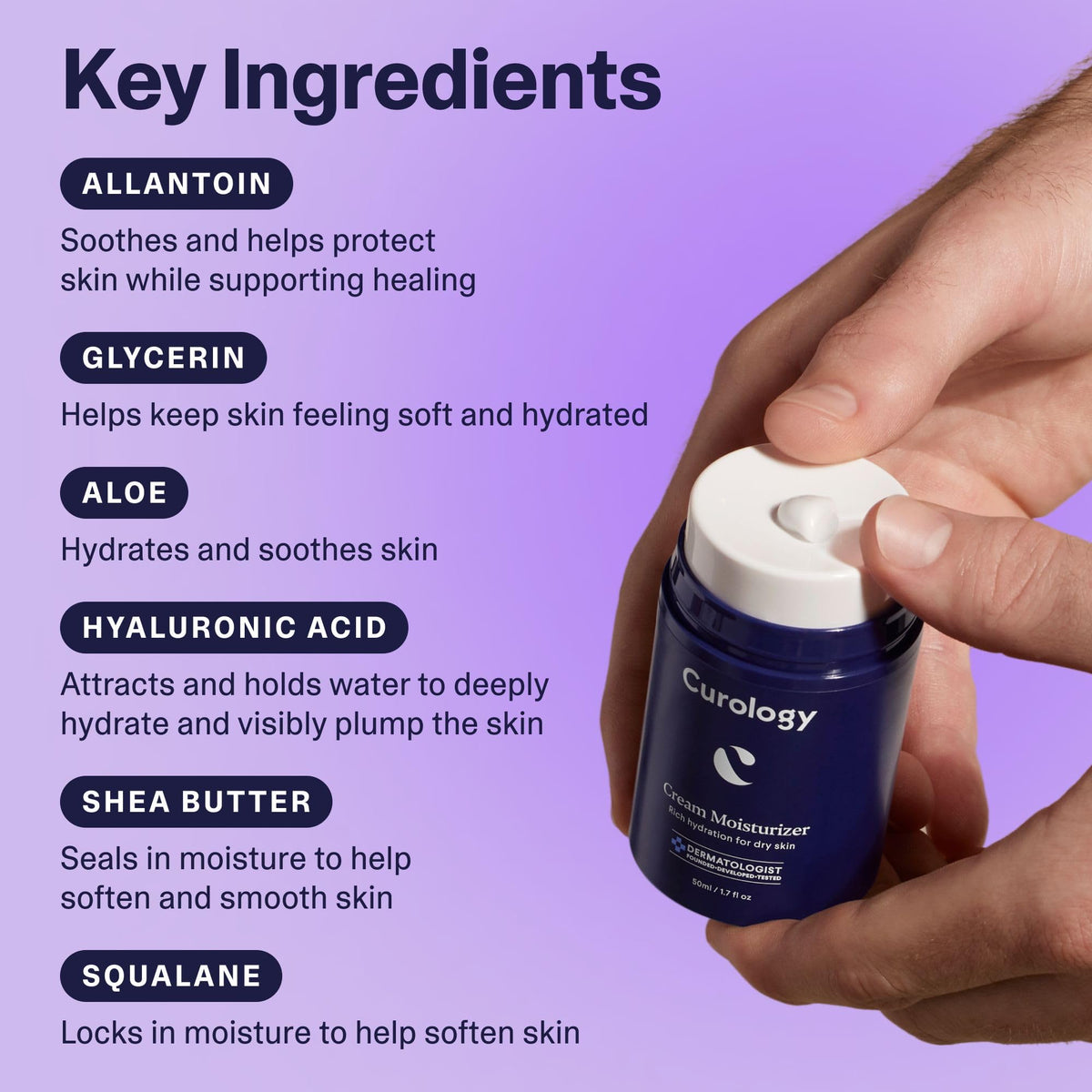Curology cream applied on hand to show absorbency and smooth, moisturized skin