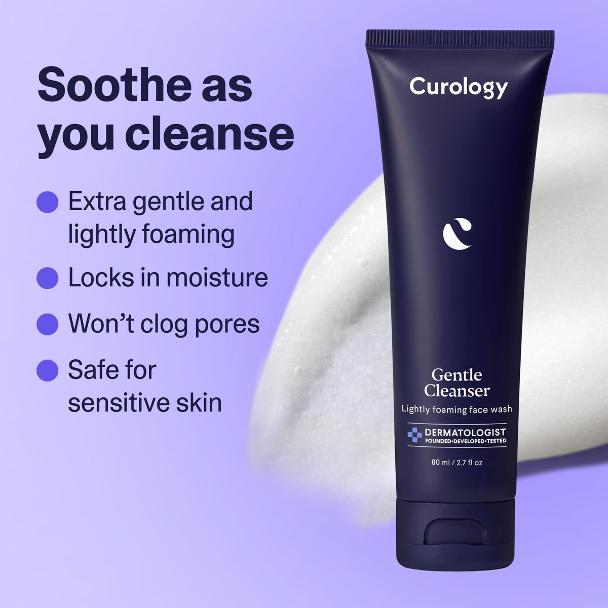 Curology gentle cleanser gel close-up demonstrating soothing, non-drying cleanse