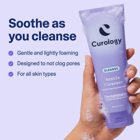 Curology gentle cleanser pump closeup highlighting soothing texture and hydration