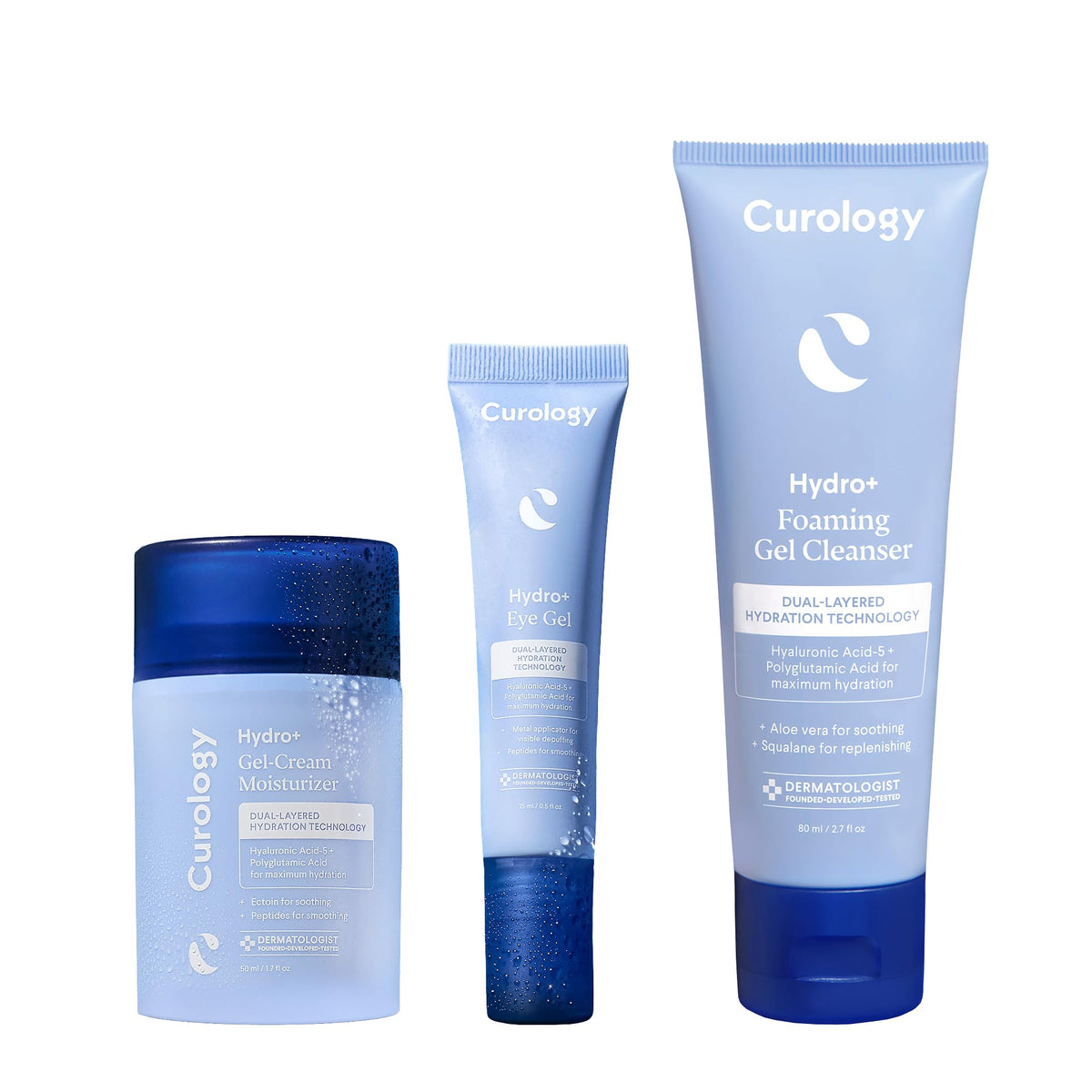 Curology front packaging showing the Hydro+ Essentials Bundle and clear benefits