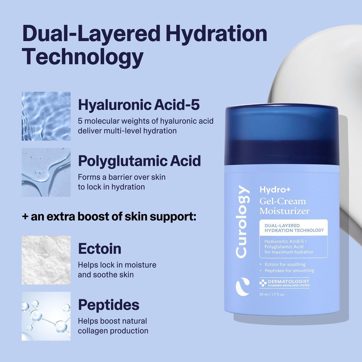 Curology Hydro+ Bundle flatlay illustrating the three-step daily skincare routine