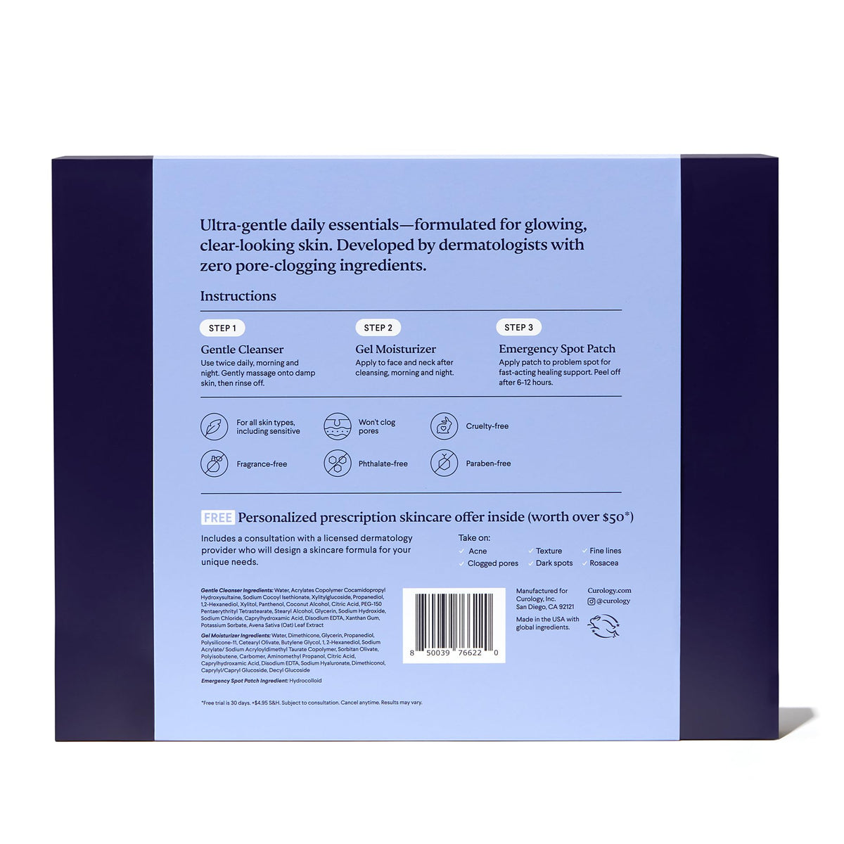 Curology ingredient label closeup highlighting fragrance-free formula