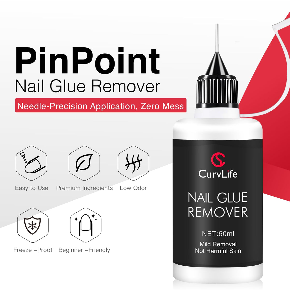 CurvLife close-up of remover liquid texture demonstrating gentle, non-acetone formula