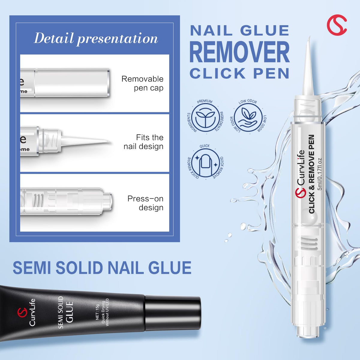 CurvLife click-and-remove pen tip showing precise dispensing for safe removal