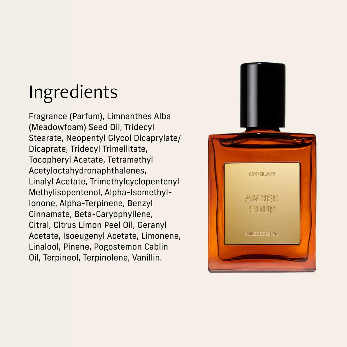 CYKLAR amber hour label and ingredients close-up displaying scent notes and clean packaging clarity