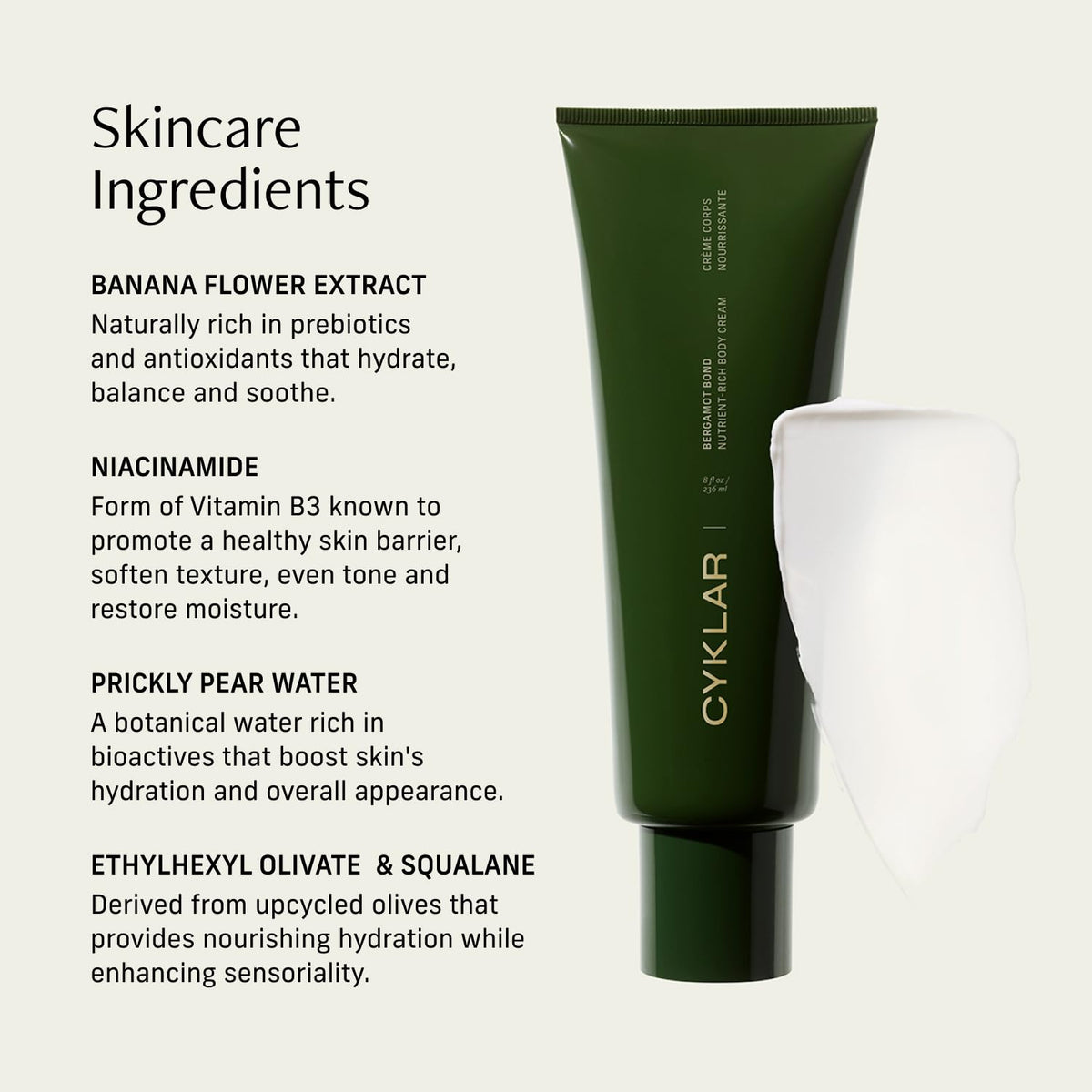 CYKLAR label close-up highlighting squalane niacinamide and banana flower benefits