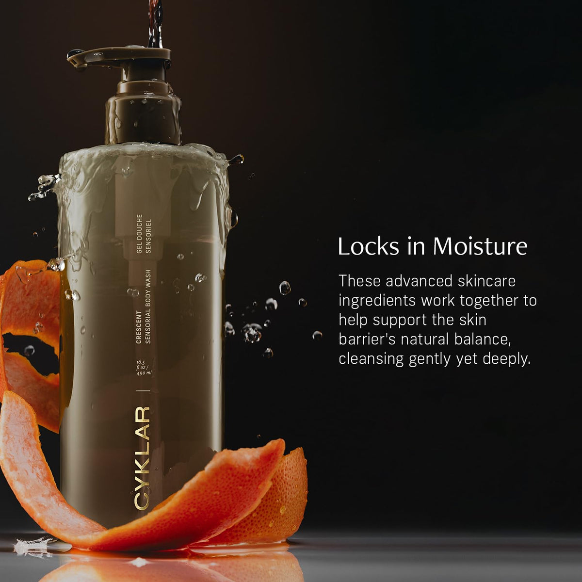 CYKLAR pump and label detail emphasizing ingredient callouts and elegant design