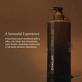 CYKLAR bottle staged in bathroom setting showing sensory routine and luxury feel benefit: spa-like shower