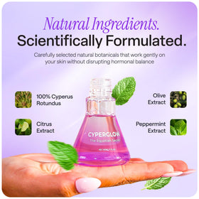 CYPERGLOW bottle beside peppermint lemon and roots showing natural ingredients benefit