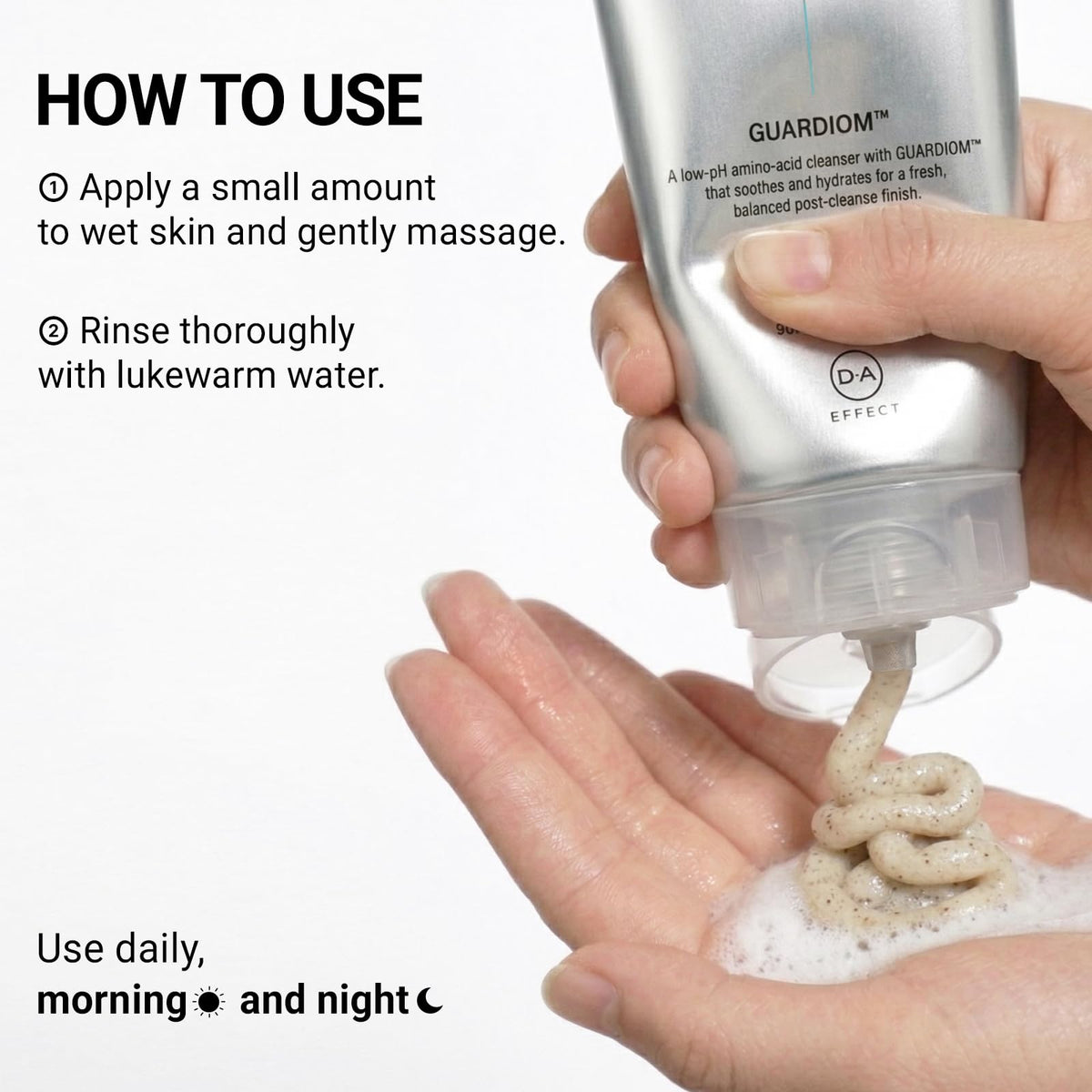 DA EFFECT bottle on bathroom shelf suggesting routine-friendly aesthetic benefit