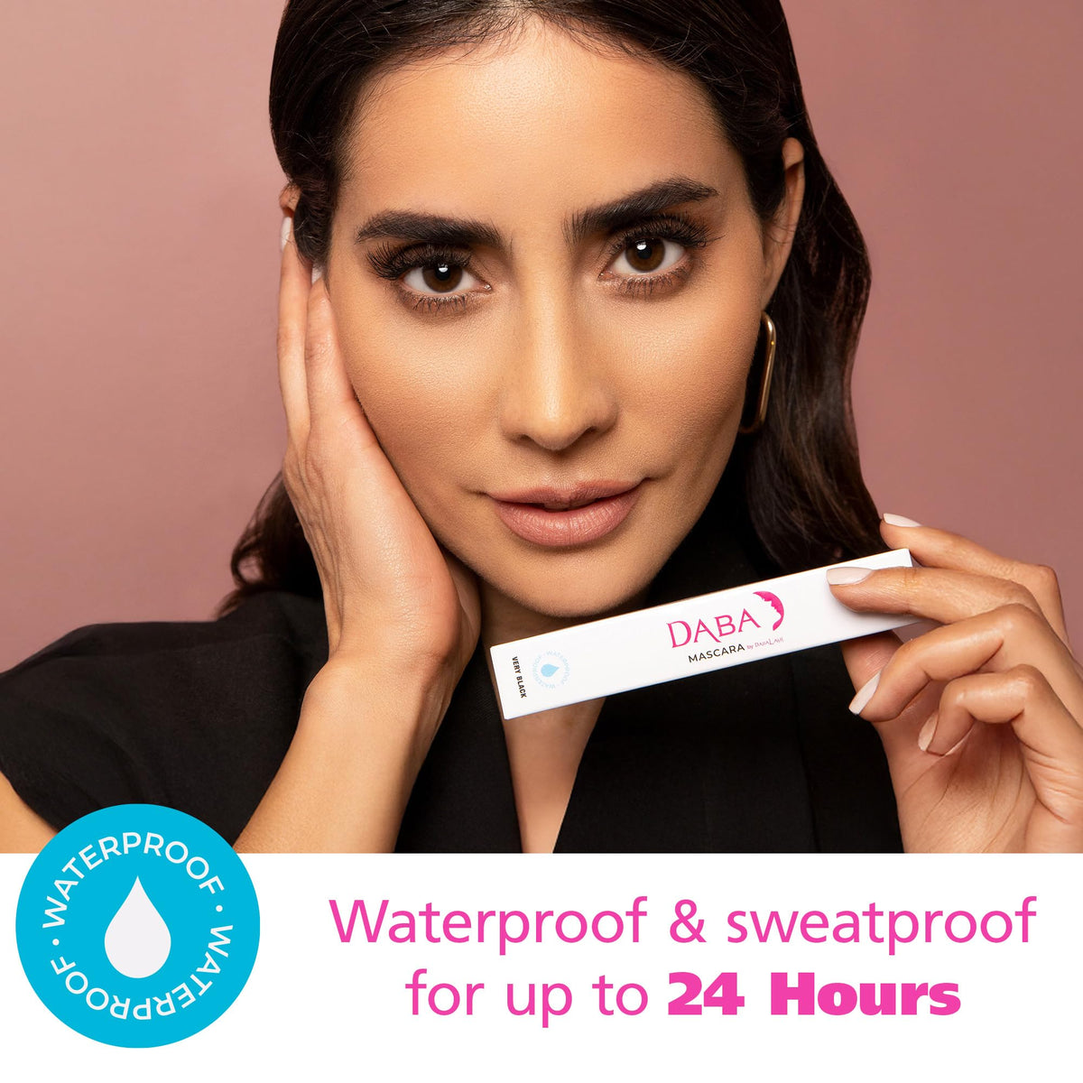 Dabalash mascara swiped on lashes demonstrating water-resistant volume and lift