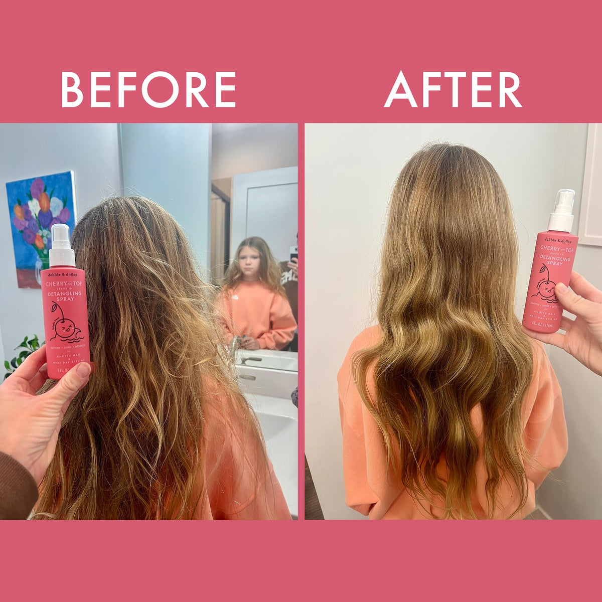 Dabble & Dollop fine mist sprayed on hair demonstrating quick detangling and gentle application