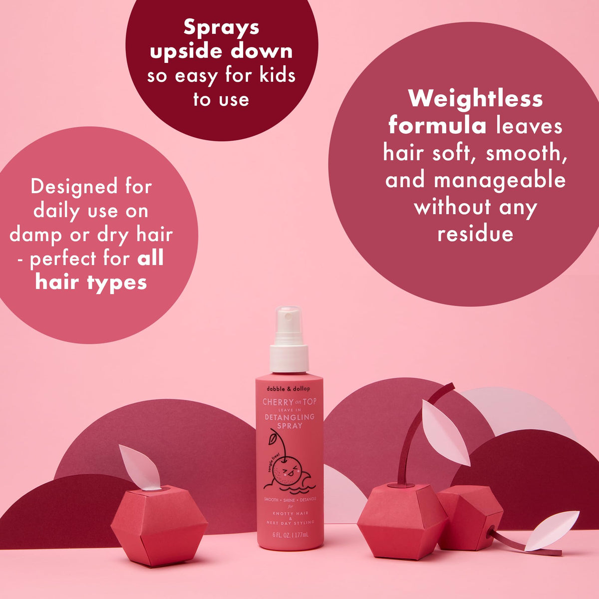 Dabble & Dollop spray nozzle detail illustrating 360-degree mist for low-mess, kid-friendly use