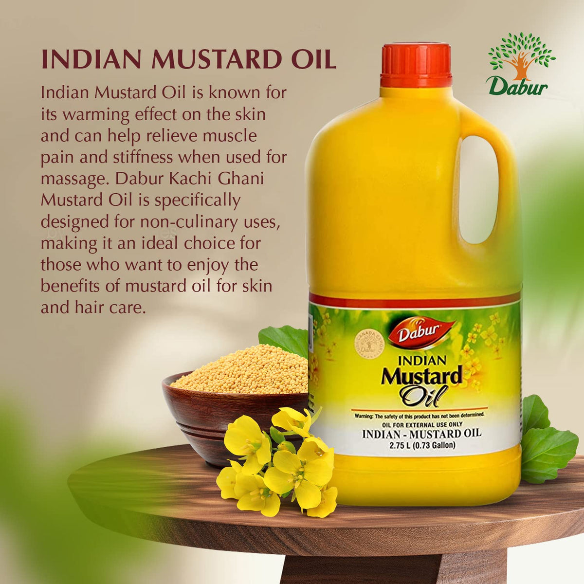 Dabur mustard oil pouring from bottle highlighting cold-pressed purity benefit