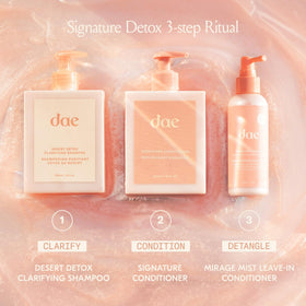 DAE Desert Detox bottle beside conditioner showing paired routine benefit